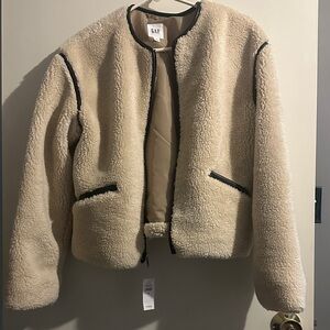 GAP Women's Tan Teddy Jacket with Black Accents